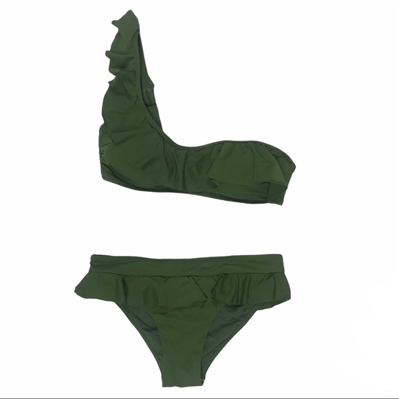 Green Bikini Two-Piece Ruffled One Shoulder Large - Picture 2 of 10